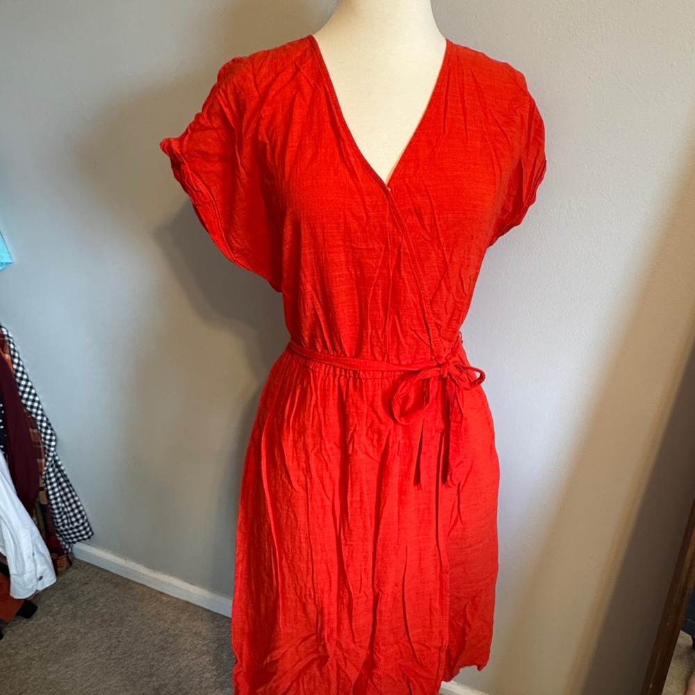 Vibrant Red-Orange Wrap Dress